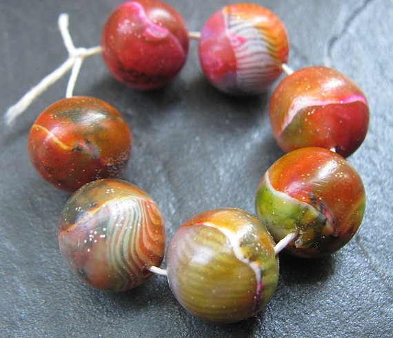 Set of 8 Handmade Clay Round Beads Olive Orange Red Navy White Faux Glass Gemstone