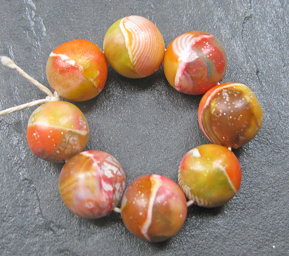 Listing ToolsEdit Renew PromoteCopy Deactivate Delete Stats Set of 8 Handmade Clay Round Beads Orange Yellow Olive Chestnut Faux Glass Gemstone
