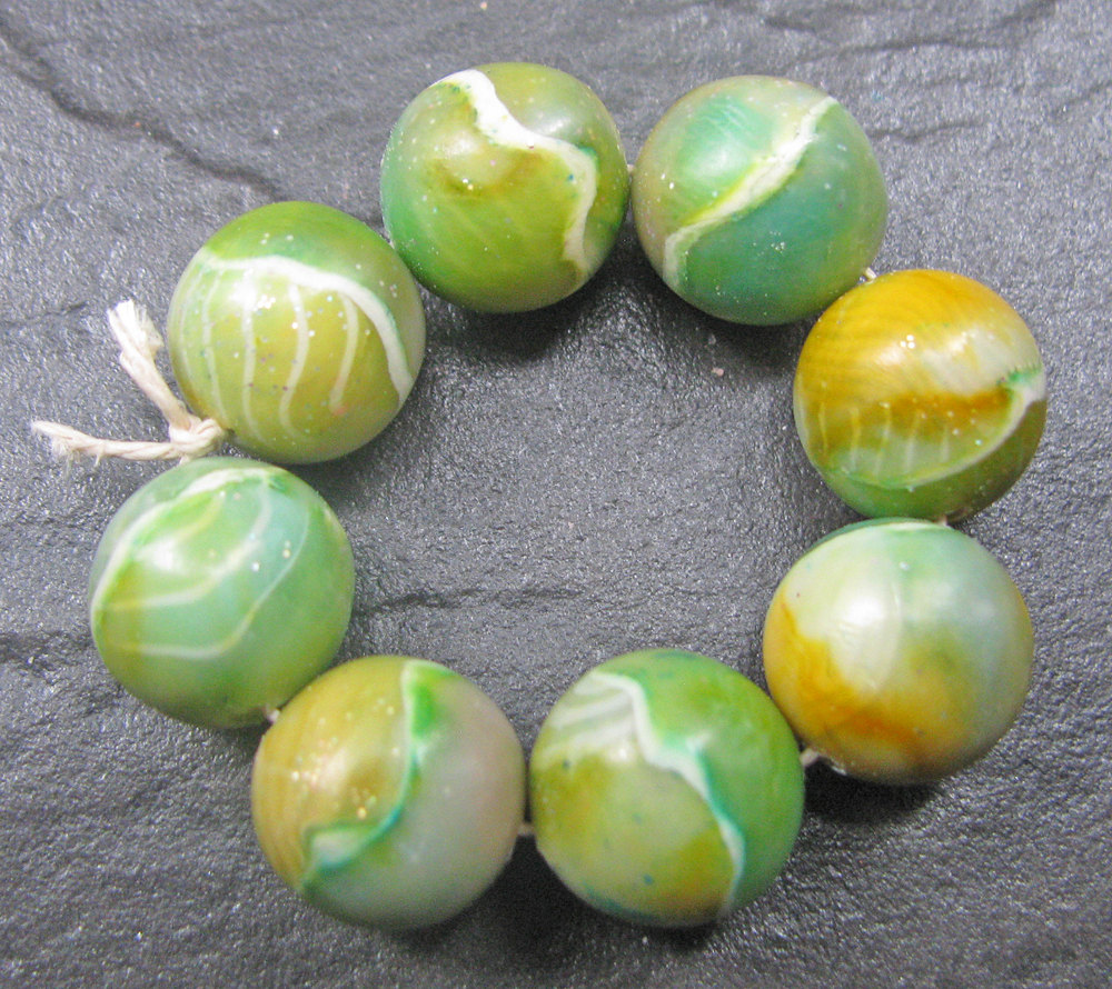 Set of 8 Clay Round Beads Green Yellow Aqua White