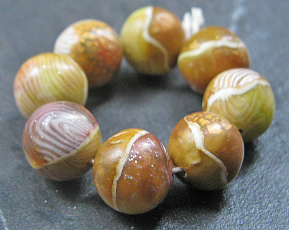 Set of 8 Handmade Clay Round Beads Chestnut Gold Olive Faux Gemstone Glass