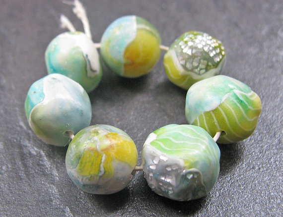 Listing ToolsEdit Renew PromoteCopy Deactivate Delete Stats Set of 7 Handmade Clay Nugget Beads Green Blue Turquoise Aqua Silver Faux Gemstone Glass