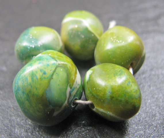 Set of 5 Handmade Clay Beads Green Blue Turquoise Faux Glass Gemstone