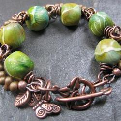 Handmade Copper Bracelet Beaded Mossy Rocks Clay Beads Butterfly & Leaf Charms