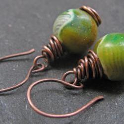 Handmade Copper Earrings Green Mossy Rocks Clay Beads