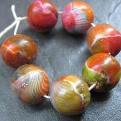 Set of 8 Handmade Clay Round Beads Olive Orange Red Navy White Faux Glass Gemstone