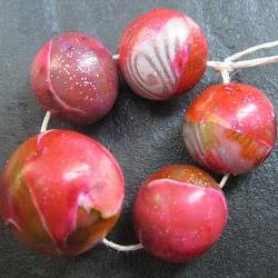 Set of 5 Handmade Clay Round Beads Pink Silver Purple Faux Glass Gemstone