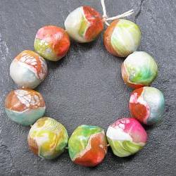 Set of 10 Handmade Clay Nugget Beads Pink Green Blue Yellow Silver White Faux Glass Gemstone