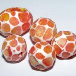 Set of 5 Polymer Clay Distressed Facteded Beads Orange Yellow Including Focal