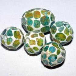 Set of 5 Polymer Clay Distressed Facteded Beads Green Yellow Blue