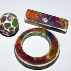Polymer Clay Toggle & Bead Set Distressed Facteded Bead Monet Waterlillies Red Orange Yellow Green Blue